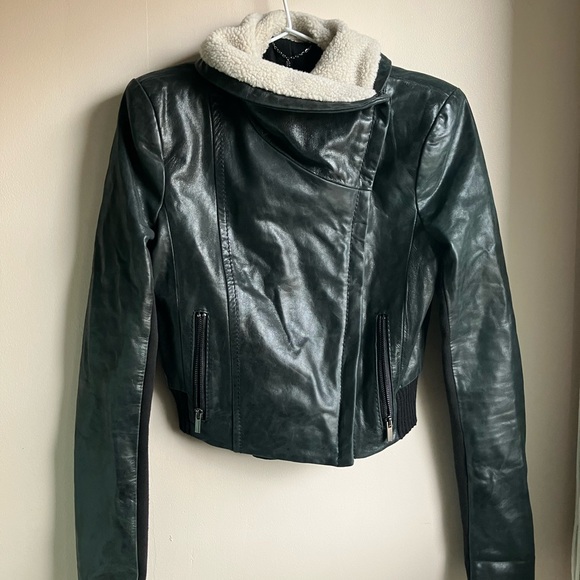 BCBGMaxAzria Green Leather Jacket with Wool Collar - Picture 5 of 12